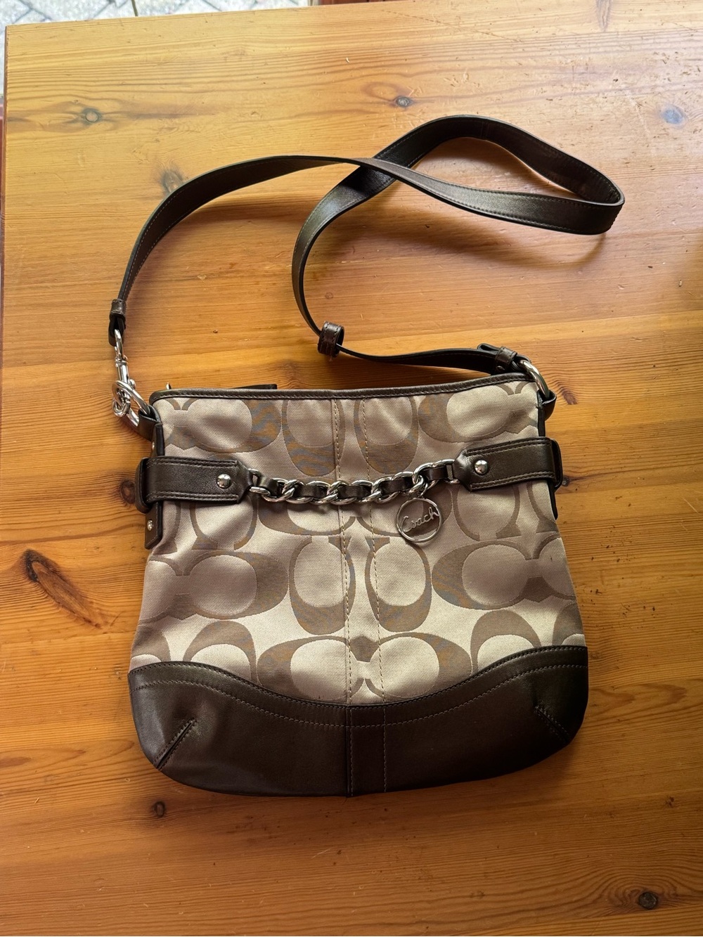 Coach Khaki and Chestnut Signature Crossbody with Chain Detail